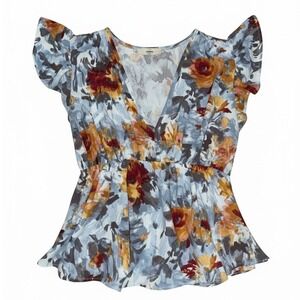 Entro Floral V-Neck Ruffle Sleeve Babydoll Peplum Top Blue Orange Red Large